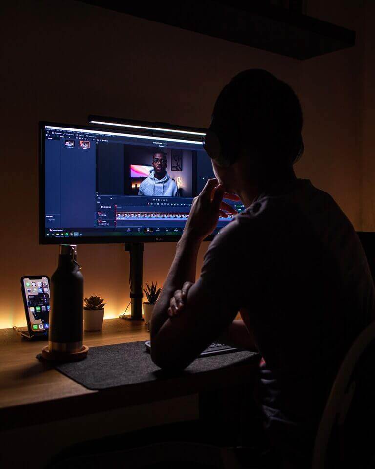A man earning money as a YouTube blogger at his desk with two monitors.