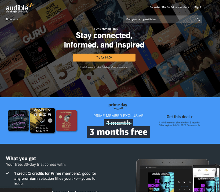 Amazon's website is shown with a tablet and a phone, highlighting Audible Affiliate Top Tips.