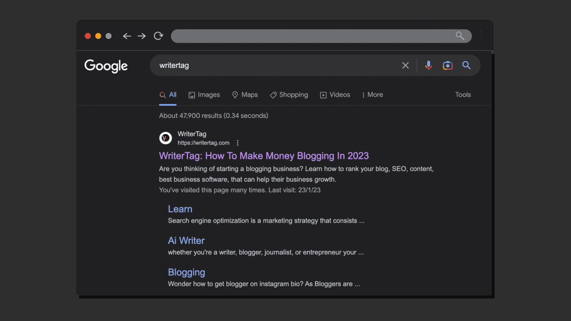 A search page with a black background.