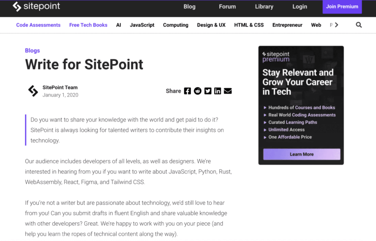 Write for sitepoint: Get Paid to Write on the [Best] 13 Sites.